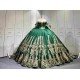 Mumuleo Emerald Green Quinceañera Dress | Off Shoulder Sweetheart Ballgown with Gold Sequin Lace, Detachable Sleeves & Giant Back Bow