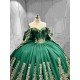 Mumuleo Emerald Green Quinceañera Dress | Off Shoulder Sweetheart Ballgown with Gold Sequin Lace, Detachable Sleeves & Giant Back Bow