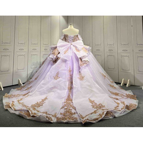 Lavender Quinceañera Dress | Off Shoulder Sweetheart Ballgown with Gold Lace, Rhinestone Tassel Sleeves & Giant Back Bow