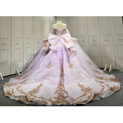 Lavender Quinceañera Dress | Off Shoulder Sweetheart Ballgown with Gold Lace, Rhinestone Tassel Sleeves & Giant Back Bow