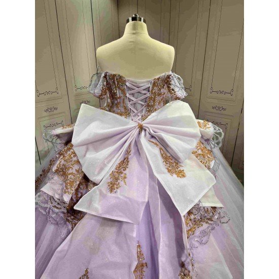 Lavender Quinceañera Dress | Off Shoulder Sweetheart Ballgown with Gold Lace, Rhinestone Tassel Sleeves & Giant Back Bow