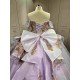 Lavender Quinceañera Dress | Off Shoulder Sweetheart Ballgown with Gold Lace, Rhinestone Tassel Sleeves & Giant Back Bow