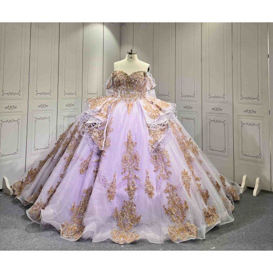 Lavender Quinceañera Dress | Off Shoulder Sweetheart Ballgown with Gold Lace, Rhinestone Tassel Sleeves & Giant Back Bow