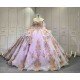 Lavender Quinceañera Dress | Off Shoulder Sweetheart Ballgown with Gold Lace, Rhinestone Tassel Sleeves & Giant Back Bow