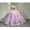 Lavender Quinceañera Dress | Off Shoulder Sweetheart Ballgown with Gold Lace, Rhinestone Tassel Sleeves & Giant Back Bow