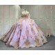 Lavender Quinceañera Dress | Off Shoulder Sweetheart Ballgown with Gold Lace, Rhinestone Tassel Sleeves & Giant Back Bow