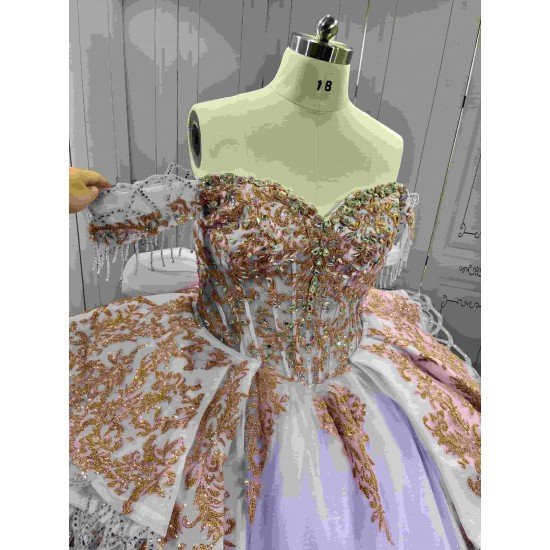 Lavender Quinceañera Dress | Off Shoulder Sweetheart Ballgown with Gold Lace, Rhinestone Tassel Sleeves & Giant Back Bow