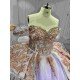 Lavender Quinceañera Dress | Off Shoulder Sweetheart Ballgown with Gold Lace, Rhinestone Tassel Sleeves & Giant Back Bow