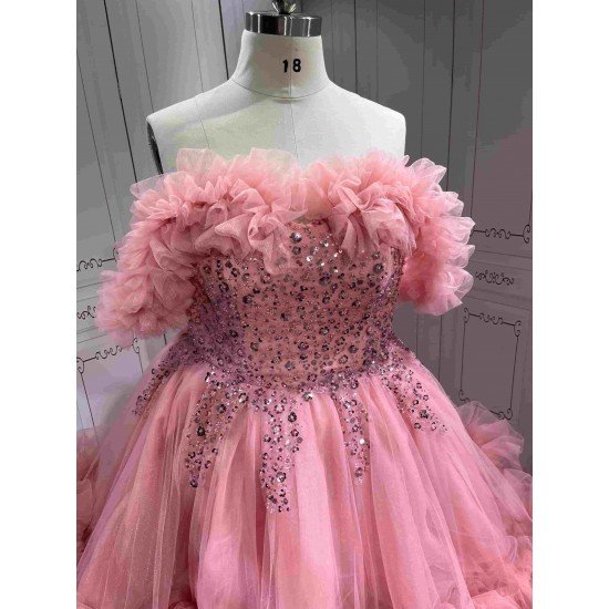 Mumuleo Pink Off Shoulder Quinceanera Dresses Heavy Beaded Ruffle Tulle Ball Gown Detachable Skirt Long Train Vestidos De 15 Anos Sweet 16 Prom Evening Gowns