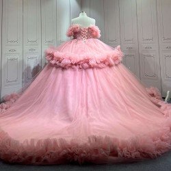 Mumuleo Pink Off Shoulder Quinceanera Dresses Heavy Beaded Ruffle Tulle Ball Gown Detachable Skirt Long Train Vestidos De 15 Anos Sweet 16 Prom Evening Gowns