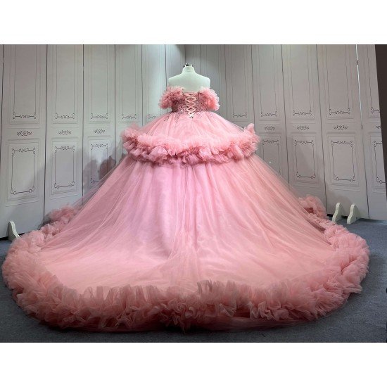 Mumuleo Pink Off Shoulder Quinceanera Dresses Heavy Beaded Ruffle Tulle Ball Gown Detachable Skirt Long Train Vestidos De 15 Anos Sweet 16 Prom Evening Gowns