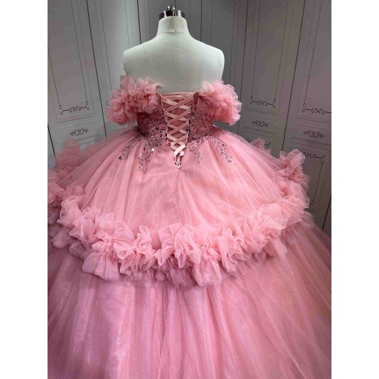 Mumuleo Pink Off Shoulder Quinceanera Dresses Heavy Beaded Ruffle Tulle Ball Gown Detachable Skirt Long Train Vestidos De 15 Anos Sweet 16 Prom Evening Gowns