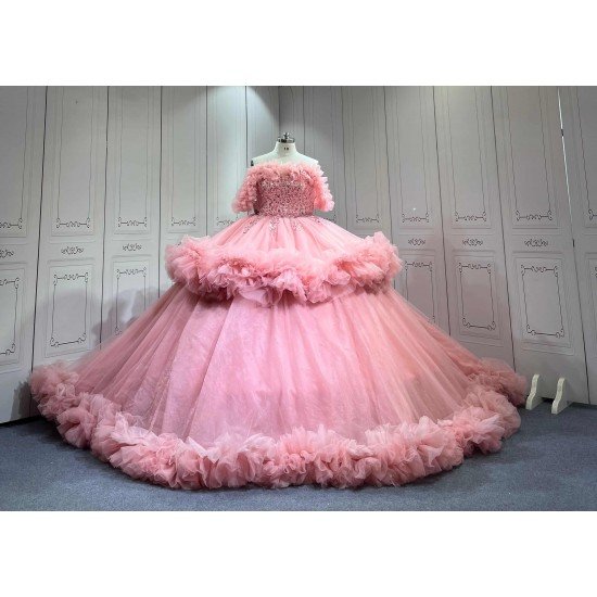 Mumuleo Pink Off Shoulder Quinceanera Dresses Heavy Beaded Ruffle Tulle Ball Gown Detachable Skirt Long Train Vestidos De 15 Anos Sweet 16 Prom Evening Gowns
