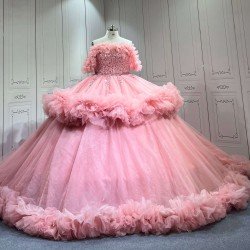 Mumuleo Pink Off Shoulder Quinceanera Dresses Heavy Beaded Ruffle Tulle Ball Gown Detachable Skirt Long Train Vestidos De 15 Anos Sweet 16 Prom Evening Gowns