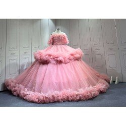 Mumuleo Pink Off Shoulder Quinceanera Dresses Heavy Beaded Ruffle Tulle Ball Gown Detachable Skirt Long Train Vestidos De 15 Anos Sweet 16 Prom Evening Gowns