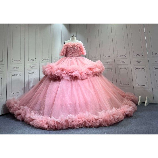 Mumuleo Pink Off Shoulder Quinceanera Dresses Heavy Beaded Ruffle Tulle Ball Gown Detachable Skirt Long Train Vestidos De 15 Anos Sweet 16 Prom Evening Gowns