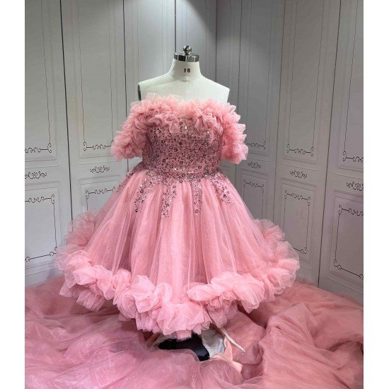 Mumuleo Pink Off Shoulder Quinceanera Dresses Heavy Beaded Ruffle Tulle Ball Gown Detachable Skirt Long Train Vestidos De 15 Anos Sweet 16 Prom Evening Gowns