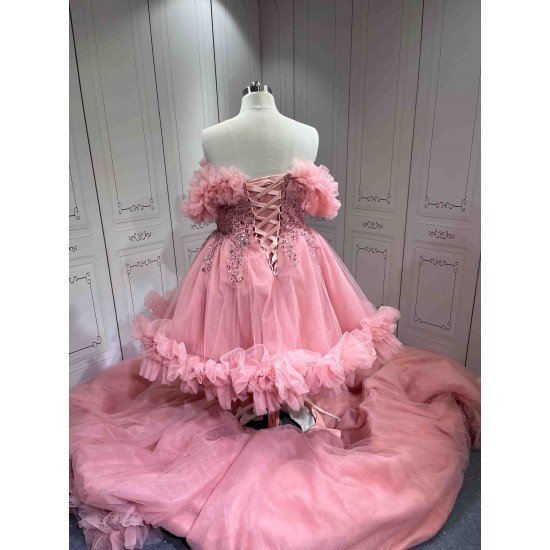 Mumuleo Pink Off Shoulder Quinceanera Dresses Heavy Beaded Ruffle Tulle Ball Gown Detachable Skirt Long Train Vestidos De 15 Anos Sweet 16 Prom Evening Gowns