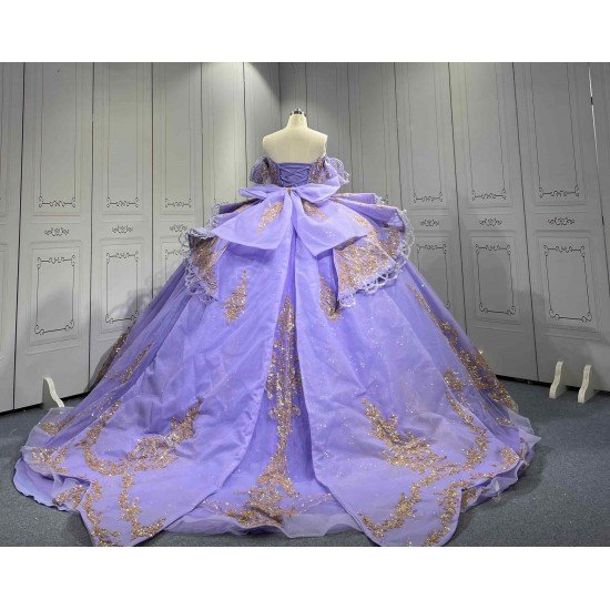 Mumuleo Lavender Quinceanera Dress Off Shoulder Sweetheart Gold Glitter Appliques Beaded Tassels Big Bow Lace Up Back Long Train Ball Gown Vestidos De 15 Anos