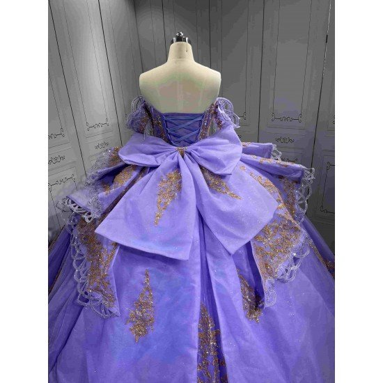 Mumuleo Lavender Quinceanera Dress Off Shoulder Sweetheart Gold Glitter Appliques Beaded Tassels Big Bow Lace Up Back Long Train Ball Gown Vestidos De 15 Anos
