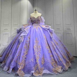 Mumuleo Lavender Quinceanera Dress Off Shoulder Sweetheart Gold Glitter Appliques Beaded Tassels Big Bow Lace Up Back Long Train Ball Gown Vestidos De 15 Anos