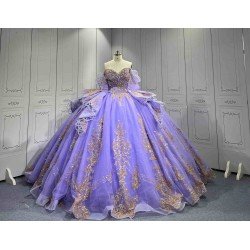 Mumuleo Lavender Quinceanera Dress Off Shoulder Sweetheart Gold Glitter Appliques Beaded Tassels Big Bow Lace Up Back Long Train Ball Gown Vestidos De 15 Anos