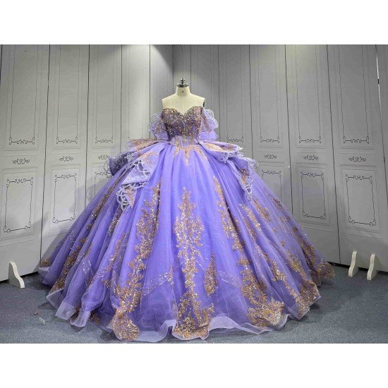 Mumuleo Lavender Quinceanera Dress Off Shoulder Sweetheart Gold Glitter Appliques Beaded Tassels Big Bow Lace Up Back Long Train Ball Gown Vestidos De 15 Anos
