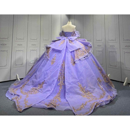 Mumuleo Lavender Quinceanera Dress Off Shoulder Sweetheart Gold Glitter Appliques Beaded Tassels Big Bow Lace Up Back Long Train Ball Gown Vestidos De 15 Anos