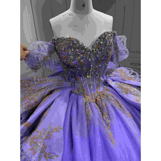 Mumuleo Lavender Quinceanera Dress Off Shoulder Sweetheart Gold Glitter Appliques Beaded Tassels Big Bow Lace Up Back Long Train Ball Gown Vestidos De 15 Anos