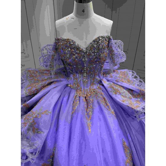 Mumuleo Lavender Quinceanera Dress Off Shoulder Sweetheart Gold Glitter Appliques Beaded Tassels Big Bow Lace Up Back Long Train Ball Gown Vestidos De 15 Anos