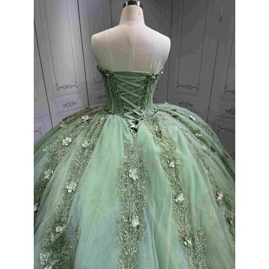 Mumuleo Sage Green Quinceanera Dress Sweetheart Beaded Lace Appliques Ruffled Tulle Ball Gown Detachable Cape Lace Up Back Long Train Vestidos De 15 Anos