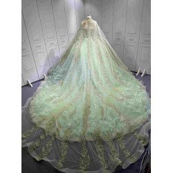 Mumuleo Sage Green Quinceanera Dress Sweetheart Beaded Lace Appliques Ruffled Tulle Ball Gown Detachable Cape Lace Up Back Long Train Vestidos De 15 Anos