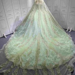 Mumuleo Sage Green Quinceanera Dress Sweetheart Beaded Lace Appliques Ruffled Tulle Ball Gown Detachable Cape Lace Up Back Long Train Vestidos De 15 Anos