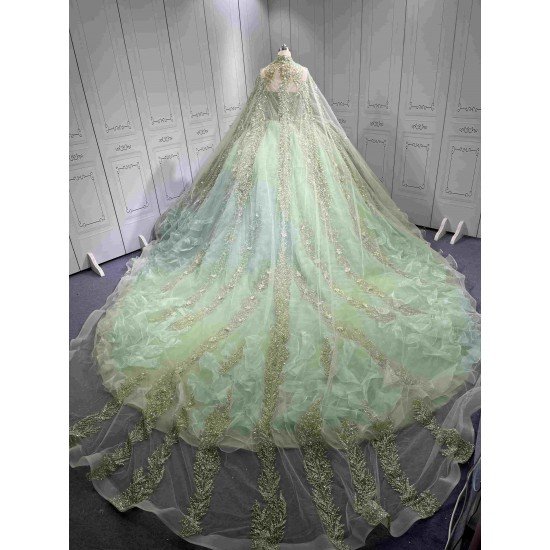 Mumuleo Sage Green Quinceanera Dress Sweetheart Beaded Lace Appliques Ruffled Tulle Ball Gown Detachable Cape Lace Up Back Long Train Vestidos De 15 Anos