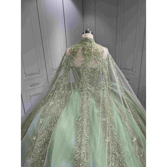Mumuleo Sage Green Quinceanera Dress Sweetheart Beaded Lace Appliques Ruffled Tulle Ball Gown Detachable Cape Lace Up Back Long Train Vestidos De 15 Anos