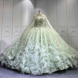 Mumuleo Sage Green Quinceanera Dress Sweetheart Beaded Lace Appliques Ruffled Tulle Ball Gown Detachable Cape Lace Up Back Long Train Vestidos De 15 Anos