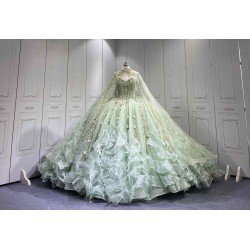 Mumuleo Sage Green Quinceanera Dress Sweetheart Beaded Lace Appliques Ruffled Tulle Ball Gown Detachable Cape Lace Up Back Long Train Vestidos De 15 Anos