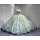Mumuleo Sage Green Quinceanera Dress Sweetheart Beaded Lace Appliques Ruffled Tulle Ball Gown Detachable Cape Lace Up Back Long Train Vestidos De 15 Anos