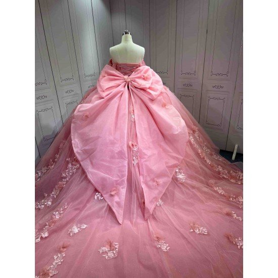Mumuleo Pink Off Shoulder Quinceanera Dress 3D Floral Appliques Beaded Corset Huge Back Bow Glitter Tulle Ball Gown Long Train Vestidos De 15 Anos Sweet 16 Dress