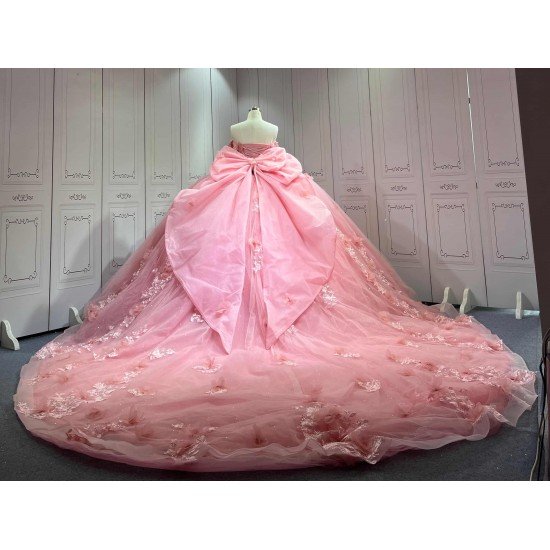 Mumuleo Pink Off Shoulder Quinceanera Dress 3D Floral Appliques Beaded Corset Huge Back Bow Glitter Tulle Ball Gown Long Train Vestidos De 15 Anos Sweet 16 Dress