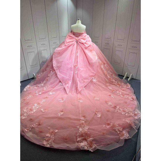 Mumuleo Pink Off Shoulder Quinceanera Dress 3D Floral Appliques Beaded Corset Huge Back Bow Glitter Tulle Ball Gown Long Train Vestidos De 15 Anos Sweet 16 Dress