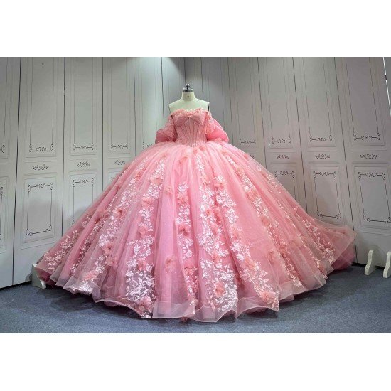 Mumuleo Pink Off Shoulder Quinceanera Dress 3D Floral Appliques Beaded Corset Huge Back Bow Glitter Tulle Ball Gown Long Train Vestidos De 15 Anos Sweet 16 Dress