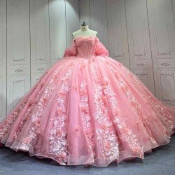 Mumuleo Pink Off Shoulder Quinceanera Dress 3D Floral Appliques Beaded Corset Huge Back Bow Glitter Tulle Ball Gown Long Train Vestidos De 15 Anos Sweet 16 Dress