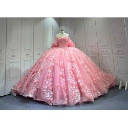 Mumuleo Pink Off Shoulder Quinceanera Dress 3D Floral Appliques Beaded Corset Huge Back Bow Glitter Tulle Ball Gown Long Train Vestidos De 15 Anos Sweet 16 Dress