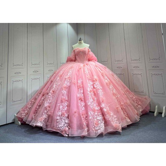 Mumuleo Pink Off Shoulder Quinceanera Dress 3D Floral Appliques Beaded Corset Huge Back Bow Glitter Tulle Ball Gown Long Train Vestidos De 15 Anos Sweet 16 Dress