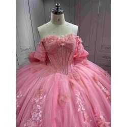 Mumuleo Pink Off Shoulder Quinceanera Dress 3D Floral Appliques Beaded Corset Huge Back Bow Glitter Tulle Ball Gown Long Train Vestidos De 15 Anos Sweet 16 Dress