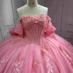 Mumuleo Pink Off Shoulder Quinceanera Dress 3D Floral Appliques Beaded Corset Huge Back Bow Glitter Tulle Ball Gown Long Train Vestidos De 15 Anos Sweet 16 Dress