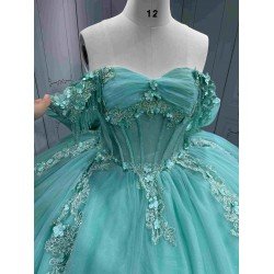 Mumuleo Mint Green Off Shoulder Quinceanera Dress 3D Floral Beaded Corset Big Bow Ruffle Tulle Ball Gown Long Train Vestidos De 15 Anos Sweet 16 Birthday Dress