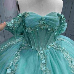 Mumuleo Mint Green Off Shoulder Quinceanera Dress 3D Floral Beaded Corset Big Bow Ruffle Tulle Ball Gown Long Train Vestidos De 15 Anos Sweet 16 Birthday Dress