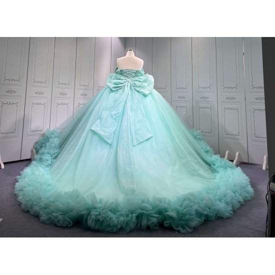Mumuleo Mint Green Off Shoulder Quinceanera Dress 3D Floral Beaded Corset Big Bow Ruffle Tulle Ball Gown Long Train Vestidos De 15 Anos Sweet 16 Birthday Dress